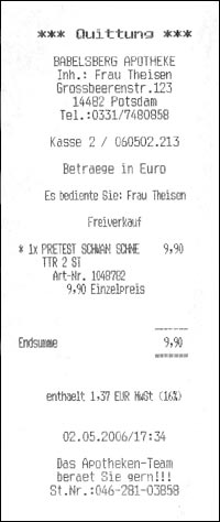 Kassenzettel für den Schwangerschaftstest